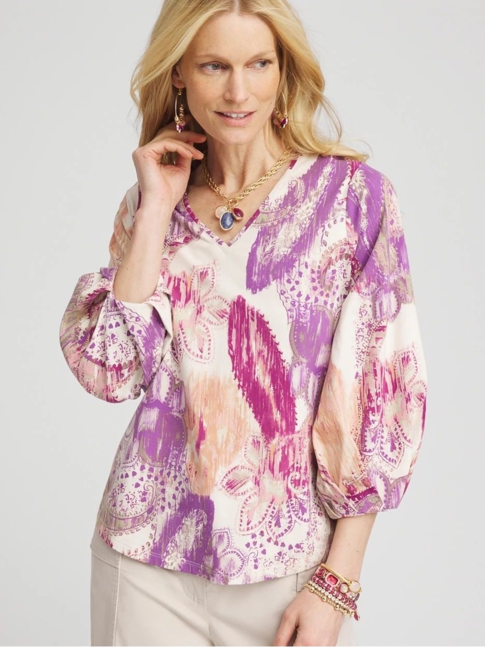 Chicos Paisley V-Neck Tuck-Sleeve Tee XXL